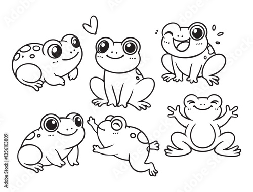 Set of cute frogs in various poses with hand-drawn vector illustrations. Doodle line art style, isolated and easy to use for creative projects and designs.