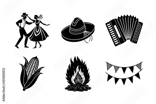 Black and White Silhouettes of Latin American Festival Elements
