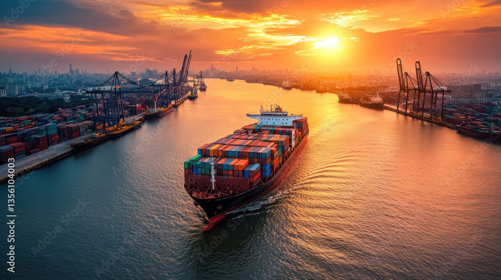 Obraz premium large cargo ship sails through bustling port at sunset, surrounded by cranes and stacked shipping containers. vibrant sky reflects on water, creating dramatic and dynamic scene