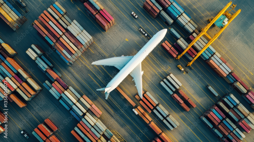 Obraz premium Aerial view of cargo plane amidst colorful shipping containers at industrial port, showcasing global supply chain logistics. scene highlights transportation and trade efficiency