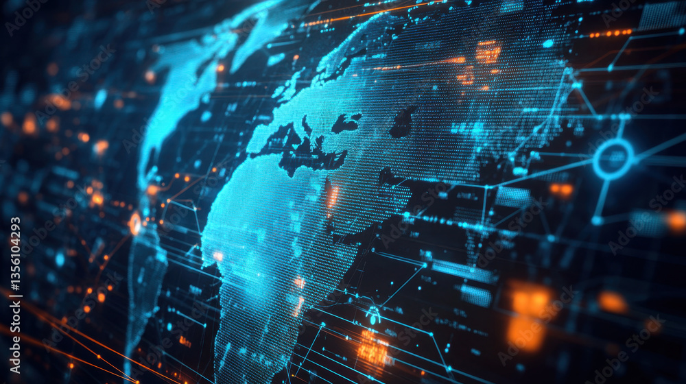 digital representation of global map highlights interconnectedness of high tech supply chain network, with glowing lines and nodes symbolizing data flow and connectivity digital representation of global map highlights interconnectedness of high tech supply chain network, with glowing lines and nodes symbolizing data flow and connectivity