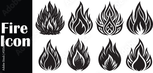 Set of Fire and Flame Icons in Black and White and Color