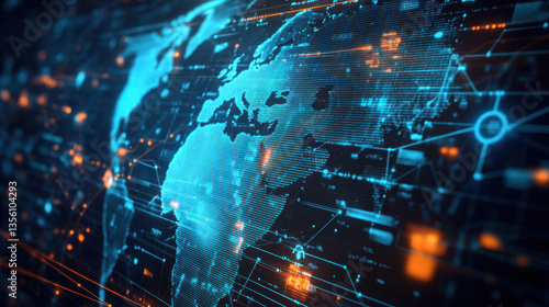 digital representation of global map highlights interconnectedness of high tech supply chain network, with glowing lines and nodes symbolizing data flow and connectivity