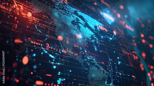 digital representation of global map with interconnected nodes and lines, illustrating high tech concept of global supply chain network. image features vibrant blue and red colors, symbolizing