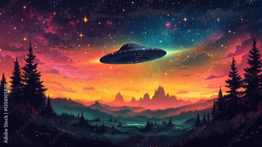 A whimsical spaceship hovers over green hills beneath a vibrant, rainbow sky filled with sparkling stars during a fantastical twilight A whimsical spaceship hovers over green hills beneath a vibrant, rainbow sky filled with sparkling stars during a fantastical twilight