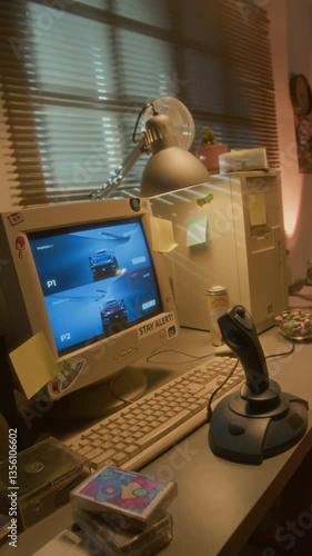 Wallpaper Mural Vertical shot of 90s computer setup with racing videogame on screen and joystick Torontodigital.ca