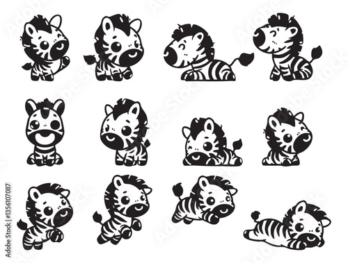 Set of cute zebra in various poses with hand-drawn vector illustrations. Doodle line art style, isolated and easy to use for creative projects and designs.