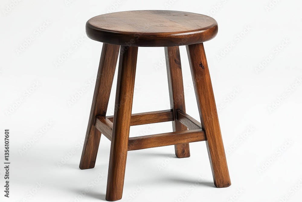 Classic, round, wooden stool with three legs on a plain, white background. Perfect for furniture catalogs or rustic interior design imagery. Classic, round, wooden stool with three legs on a plain, white background. Perfect for furniture catalogs or rustic interior design imagery.