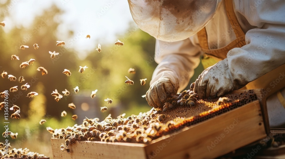 Dedicated Beekeeper Tending to Hive Full of Active Bees in Garden Dedicated Beekeeper Tending to Hive Full of Active Bees in Garden