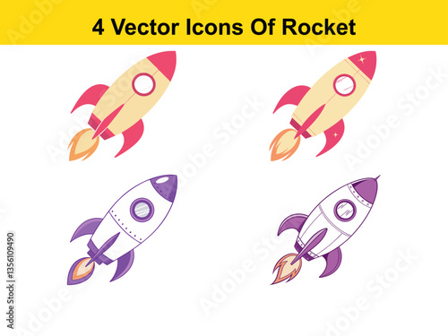 3D rendering rocket Set Vector Icons boosters with Flames and Windows Shooting Upward in outer space