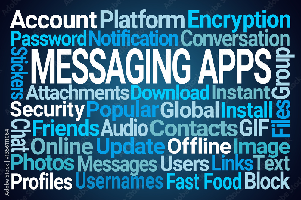 Messaging Apps Word Cloud on Blue Background Messaging Apps Word Cloud on Blue Background