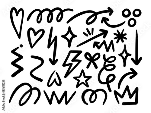 Playful Bold Doodle Symbol Marker Line. A collection of 30 hand drawn bold doodle elements. Perfect for social media, planners, scrapbooks, stickers, or playful design accents