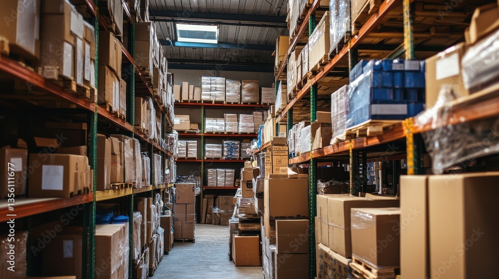 Large Warehouse Interior Filled with Packed Boxes and Shelving Large Warehouse Interior Filled with Packed Boxes and Shelving