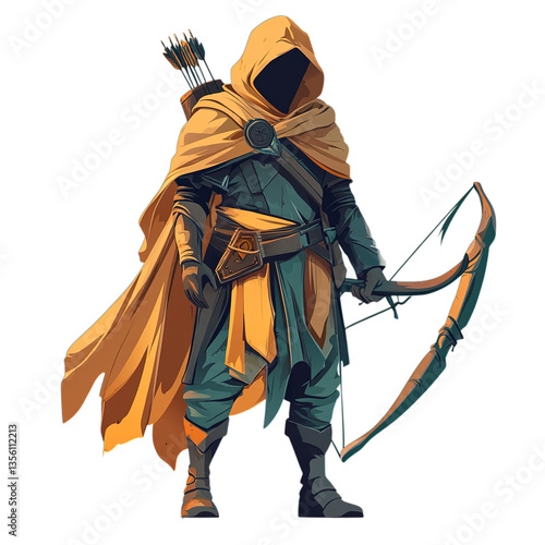 A hooded archer with a bow and arrow stands ready in a fantasy illustration