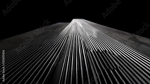 Low-angle view of a skyscraper's metallic facade at night.