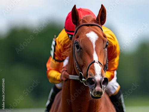 Horse racing with jockey leading