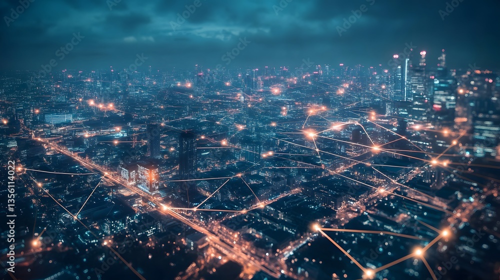 Fototapeta premium Futuristic smart cities network across europe urban landscape digital connectivity night view