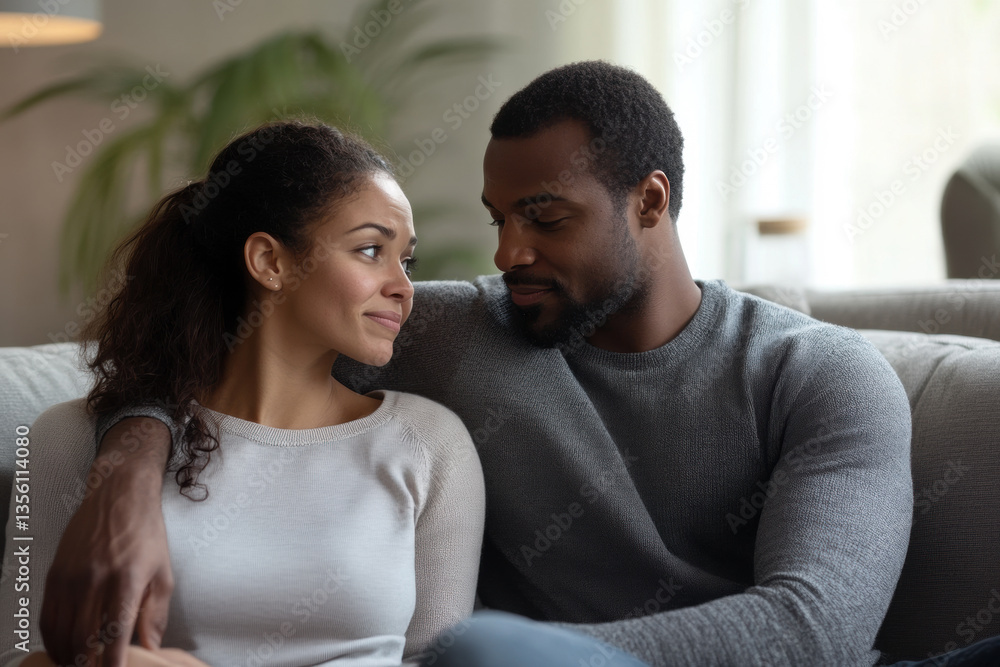 Obraz premium Warm Connection Between African American Couple Relaxing in Cozy Living Room Setting