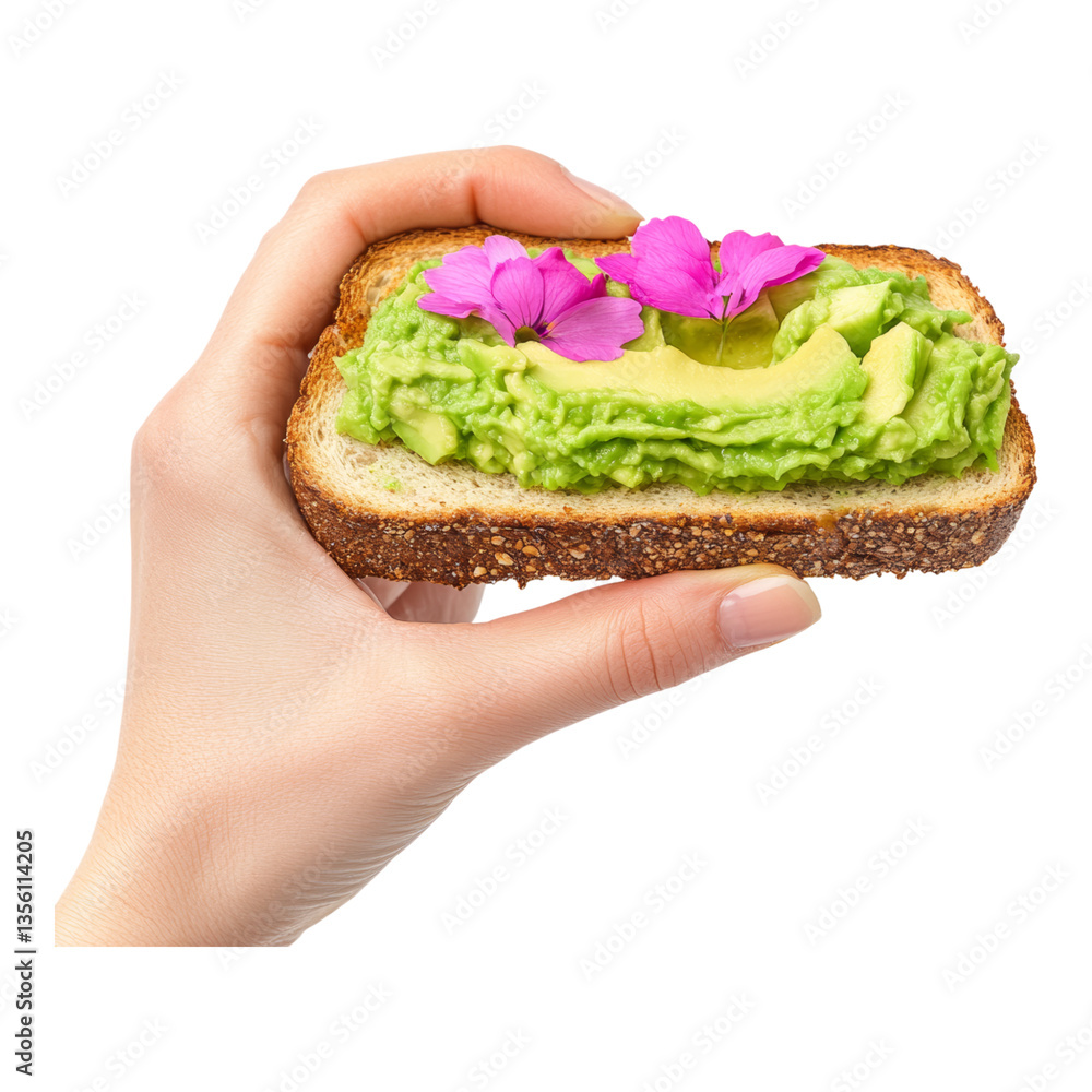 Hand Holding Toast with Avocado and Edible Flowers Hand Holding Toast with Avocado and Edible Flowers