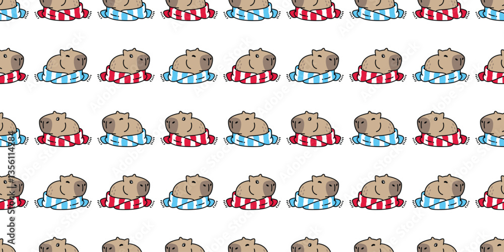 Fototapeta premium capybara seamless pattern christmas knitting scarf vector pet cartoon doodle south america animal tile background repeat gift wrapping paper wallpaper illustration design