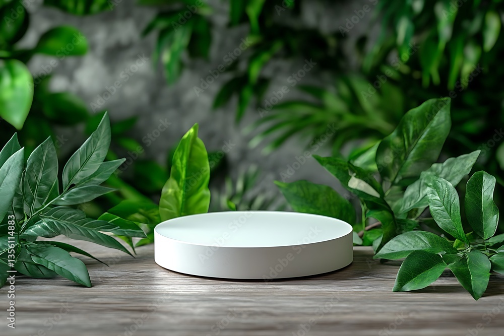 White podium surrounded by lush greenery White podium surrounded by lush greenery
