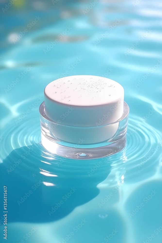 Luxurious cosmetic cream jar placed on a reflective water surface. Creating a refreshing and premium aesthetic. The ripples in the water add a dynamic touch, symbolizing hydration and smoothness Luxurious cosmetic cream jar placed on a reflective water surface. Creating a refreshing and premium aesthetic. The ripples in the water add a dynamic touch, symbolizing hydration and smoothness