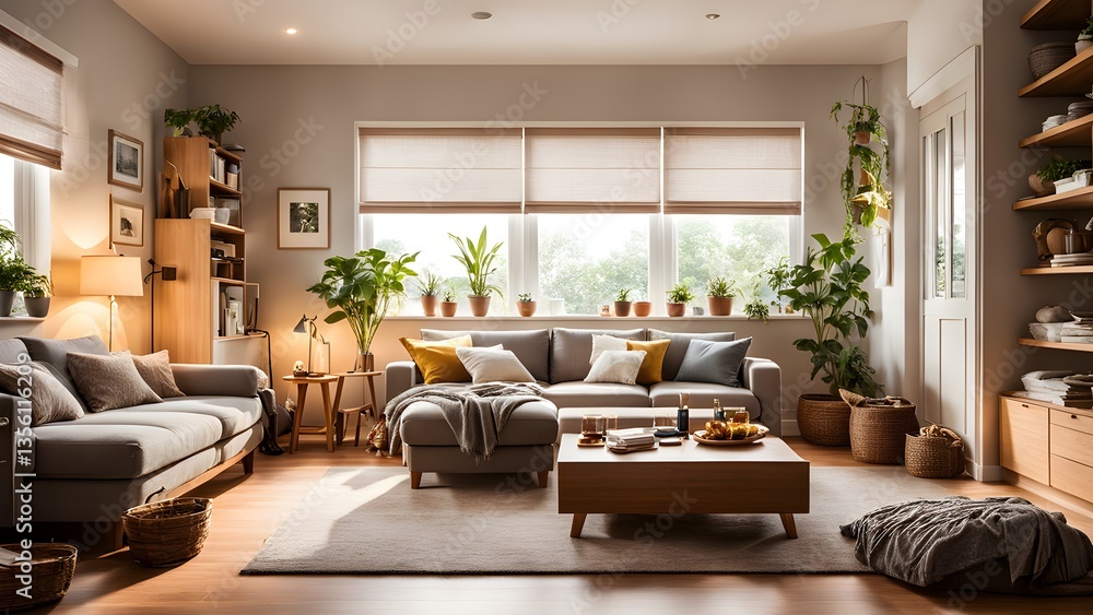 Fototapeta premium Bright, airy living room grey sofa, wooden coffee table, abundant houseplants. Natural light streams through large windows.