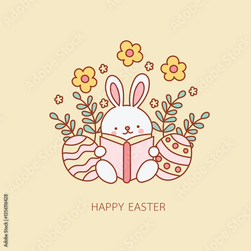 Cute bunny reading book surrounded by colorful eggs and flowers in nursery clipart style, perfect for Easter celebrations