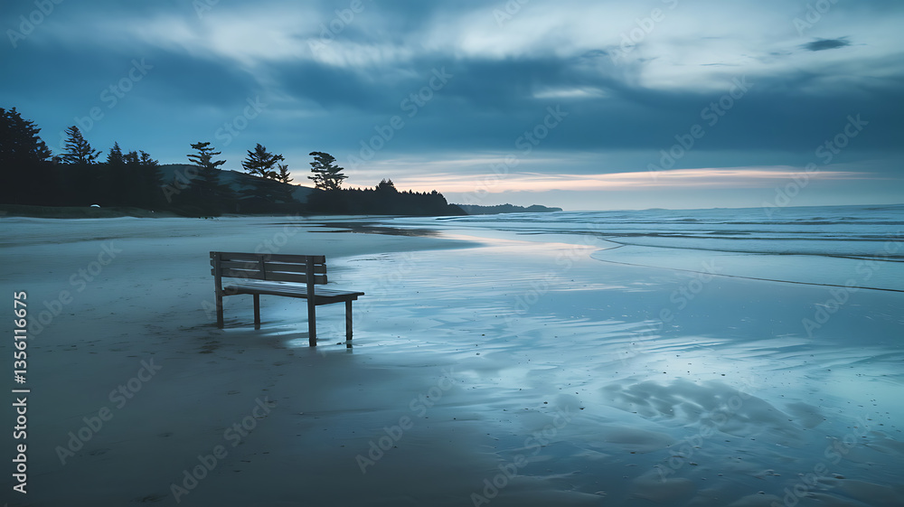 Tranquil beach scene at dawn with wooden bench Tranquil beach scene at dawn with wooden bench