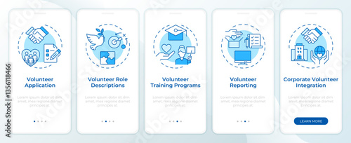 Volunteer program control blue onboarding mobile app screen. Walkthrough 5 steps editable graphic instructions with linear concepts. UI, UX, GUI template. Montserrat SemiBold, Regular fonts used