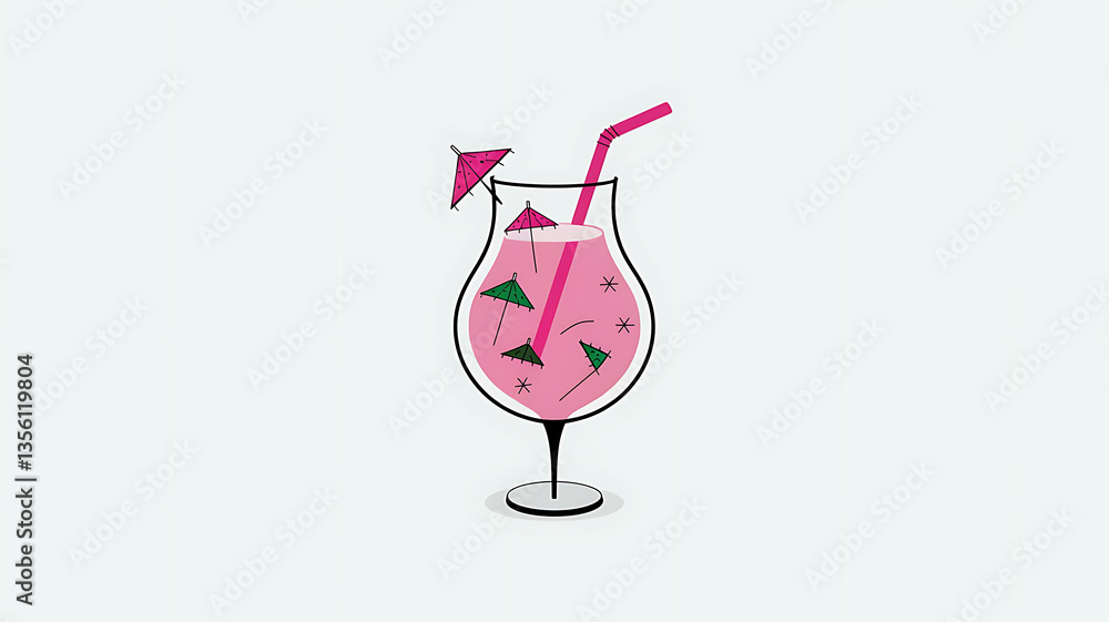 Pink cocktail glass with umbrellas summery drink stylized graphic design Pink cocktail glass with umbrellas summery drink stylized graphic design