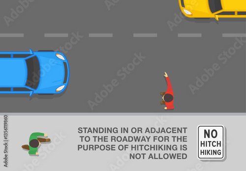 Safe driving tips and traffic regulation rules. No hitchhiking sign meaning. Top view of a character trying to catch a car. Flat vector illustration template.