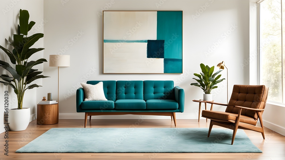 Obraz premium Modern living room interior featuring teal sofa, armchair, abstract painting, plants.