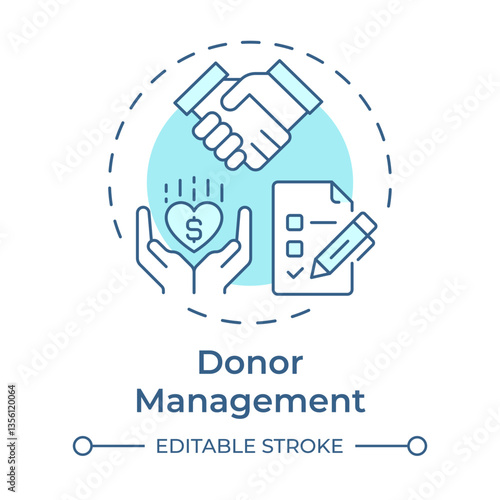 Donor management soft blue concept icon. Organization relationship improvement. Volunteer activity tracking. Round shape line illustration. Abstract idea. Graphic design. Easy to use in brochure