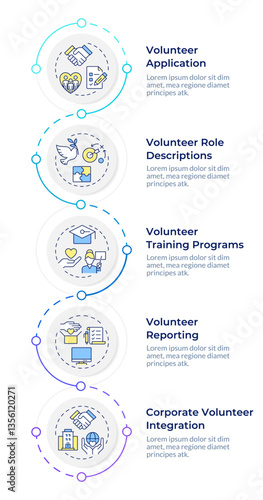 Volunteer program administration infographic vertical sequence. Social support organization. Visualization infochart with 5 steps. Circles workflow. Montserrat SemiBold, Lato Regular fonts used