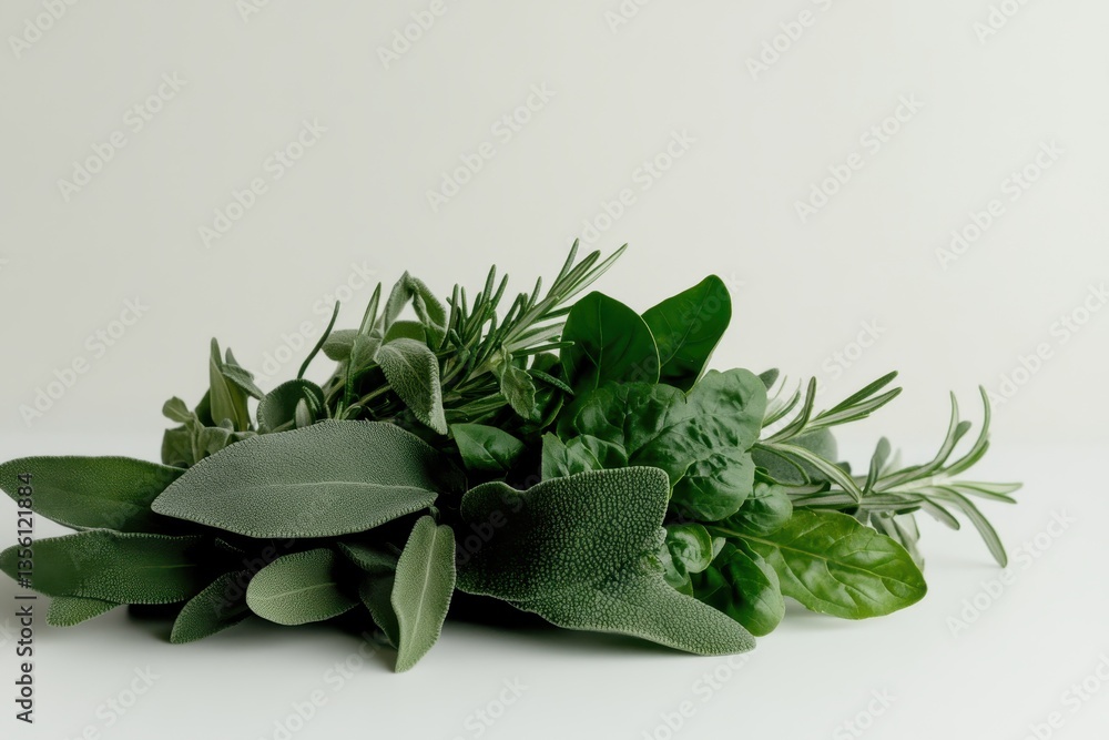Fresh Green Herbs and Leaves Arrangement on a Light Background for Culinary Use and Decoration Fresh Green Herbs and Leaves Arrangement on a Light Background for Culinary Use and Decoration