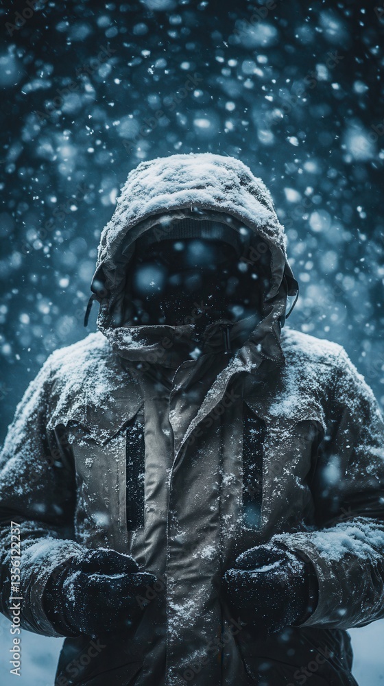 Fototapeta premium Person in winter coat stands amidst heavy snowfall in a serene winter landscape, showcasing the beauty of cold weather and snowflakes falling gently