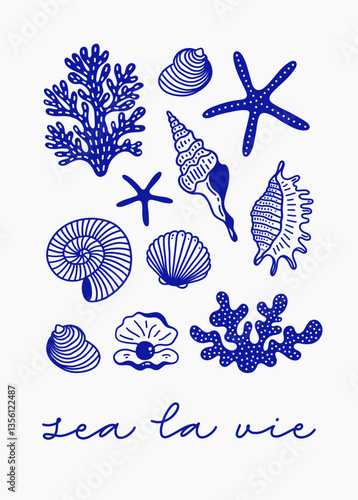 Seashells collection with aesthetic quote "sea la vie". Vintage Coastal wall art, greeting card, wedding invitation, postcard, logo design.