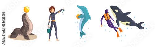 Oceanarium or Dolphinarium with Sea Animals and Trainers Performing Stunt Vector Set
