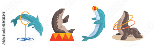Oceanarium or Dolphinarium with Sea Animals Performing Stunt Vector Set