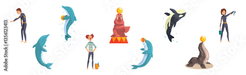 Oceanarium or Dolphinarium with Sea Animals and Trainers Performing Stunt Vector Set