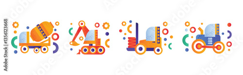 Construction Equipment and Heavy Machinery Flat Icon and Pictogram Vector Set