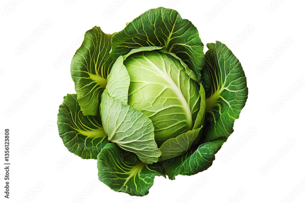 Obraz premium Whole green cabbage with vibrant outer leaves isolated on a transparent background. Fresh and organic vegetable concept, healthy food ingredient