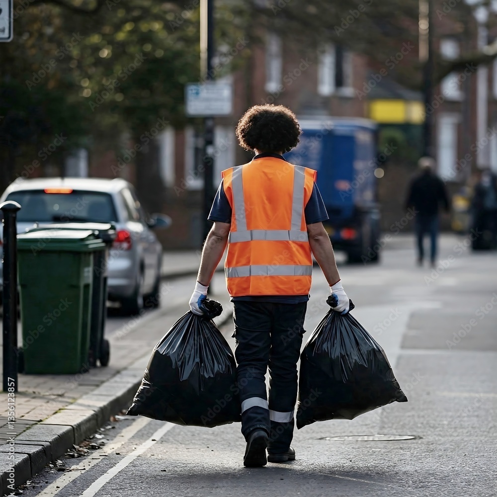 Obraz premium a sanitation worker or garage collector clad in an orange safety vest and white gloves carrying black trash bags along a bustling city street.