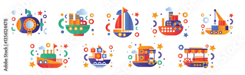 Flat Ship and Sea Vessel Colorful Icon as Seafaring and Marine Cruise Vector Set