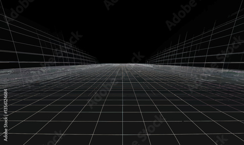 Futuristic Y2K Cyberpunk Background with Retro Perspective Grid Wireframe