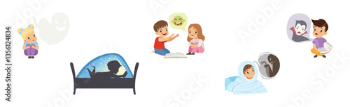 Adorable Children Reading Fairytale Fantasy Book Vector Set