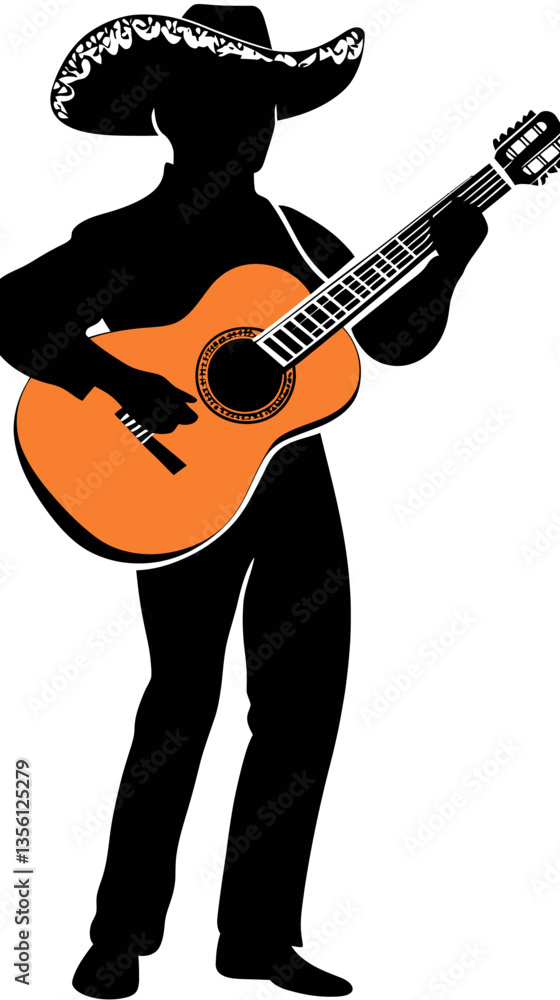 Obraz premium Silhouette of Mariachi Guitarist with Traditional Hat Playing Acoustic Guitar