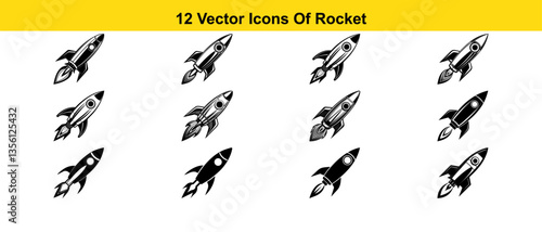 silhouette rocket Set Vector Icons  boosters with Flames and Windows Shooting Upward in outer space