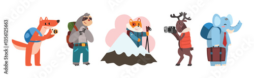 Funny Animal Tourist or Travelers with Backpack Vector Set